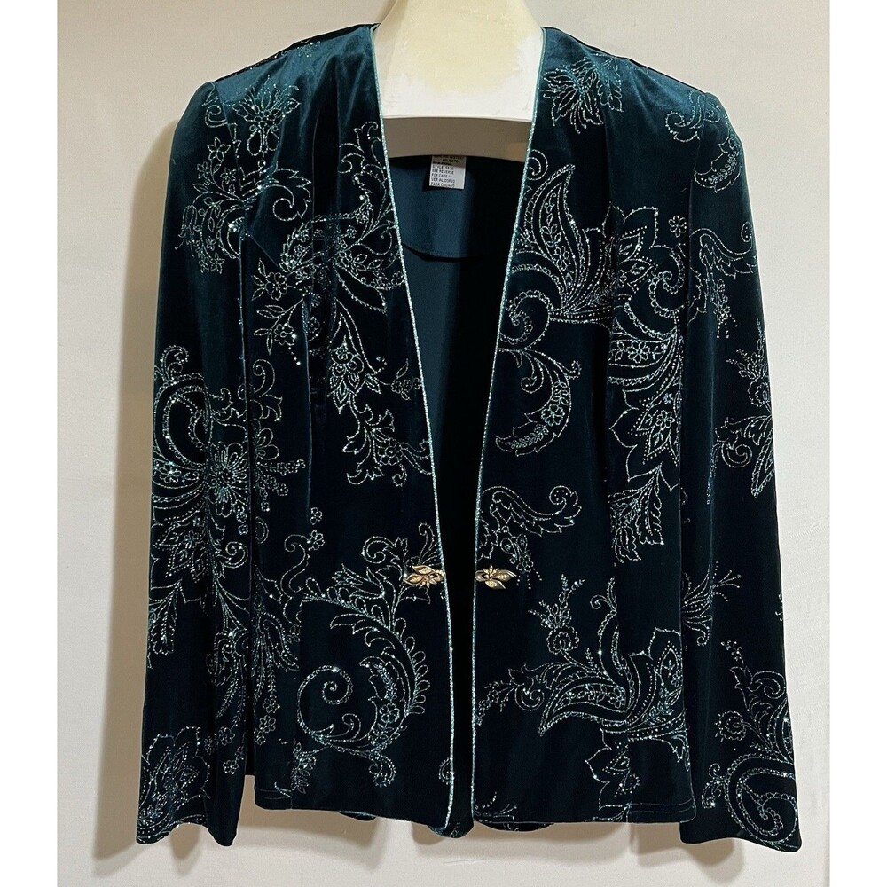 Velvet green glitter 2 pc dress & Jacket grandma mom formal Wedding Bling LN - Picture 2 of 12